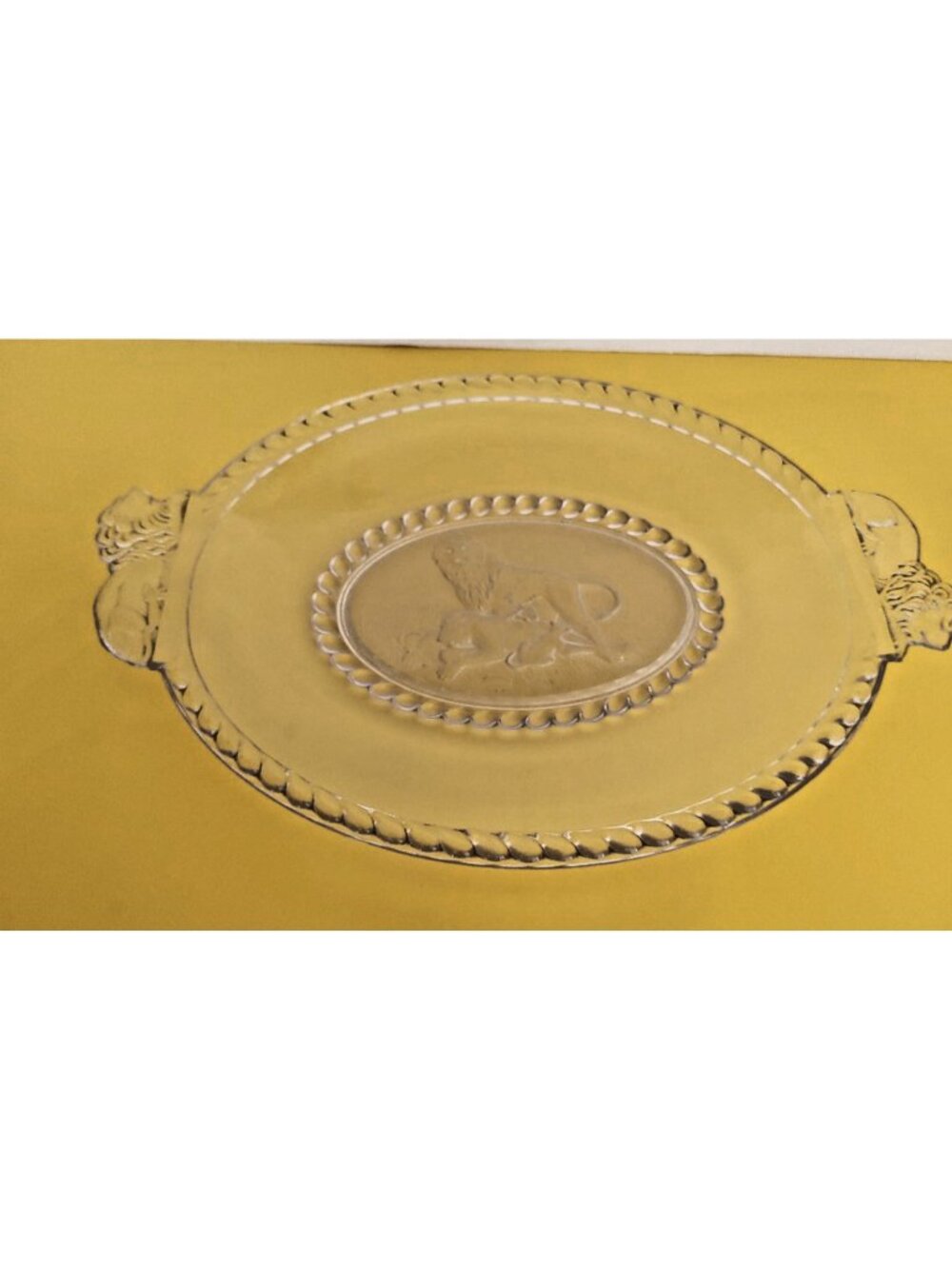 EAPG Gillinder Frosted Glass Lion Oval Platter, handled. 13" x 9"